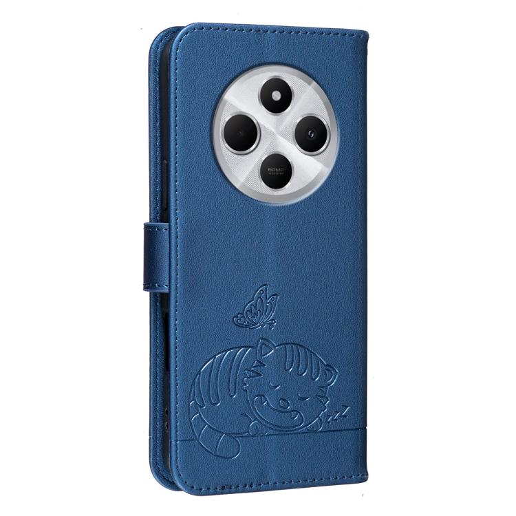 For Redmi 14C 4G Cat Butterfly Embossed RFID Vegan Leather Phone Case with Strap