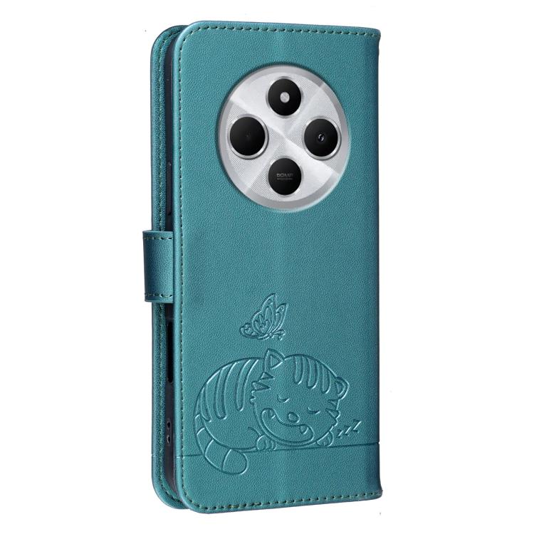 For Redmi 14C 4G Cat Butterfly Embossed RFID Vegan Leather Phone Case with Strap