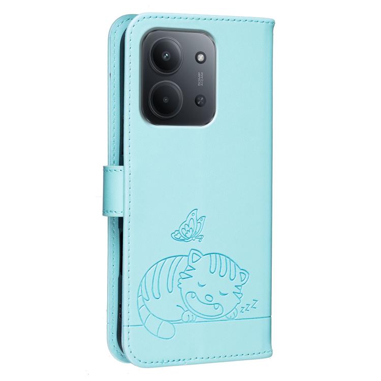 For Redmi 15C 5G / 4G Global 171mm Cat Butterfly Embossed RFID Vegan Leather Phone Case with Strap