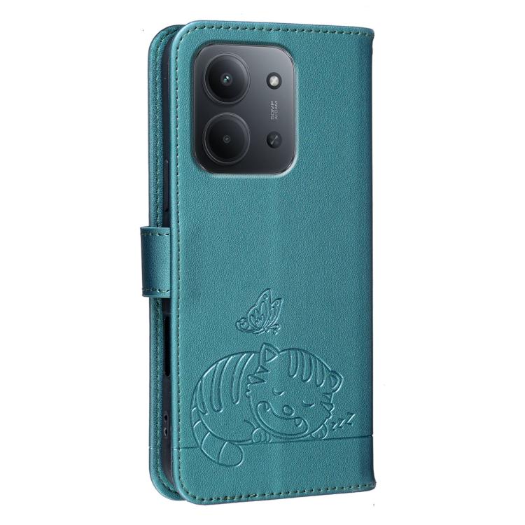 For Redmi 15C 5G / 4G Global 171mm Cat Butterfly Embossed RFID Vegan Leather Phone Case with Strap