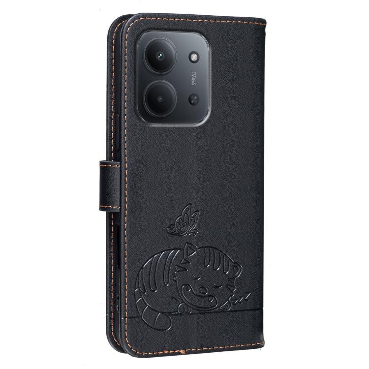 For Redmi 15C 5G / 4G EU 173mm Cat Butterfly Embossed RFID Vegan Leather Phone Case with Strap