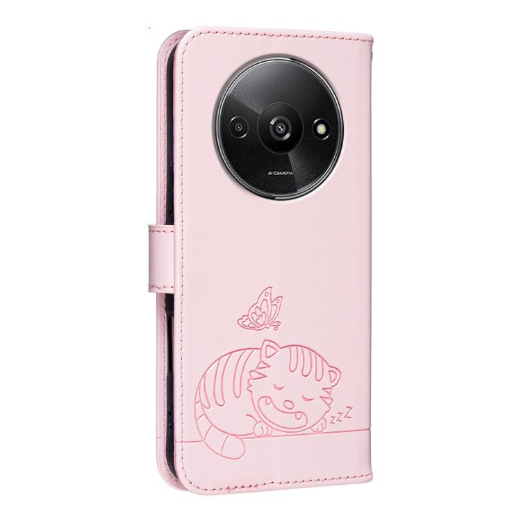 For Redmi A3 Cat Butterfly Embossed RFID Vegan Leather Phone Case with Strap