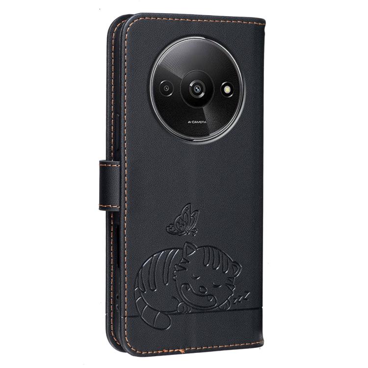 For Redmi A3 Cat Butterfly Embossed RFID Vegan Leather Phone Case with Strap