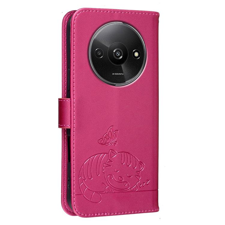 For Redmi A3 Cat Butterfly Embossed RFID Vegan Leather Phone Case with Strap