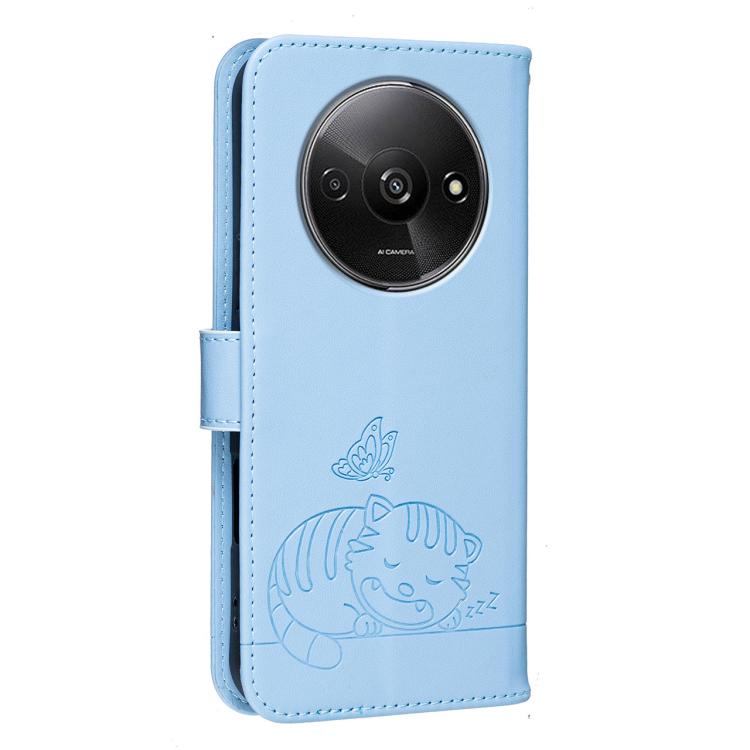 For Redmi A3 Cat Butterfly Embossed RFID Vegan Leather Phone Case with Strap