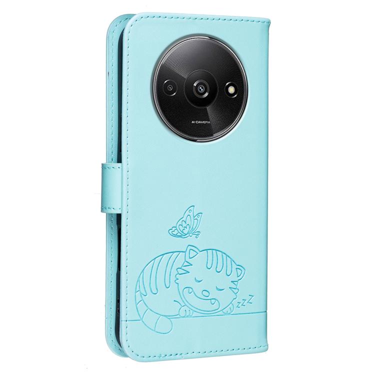 For Redmi A3 Cat Butterfly Embossed RFID Vegan Leather Phone Case with Strap