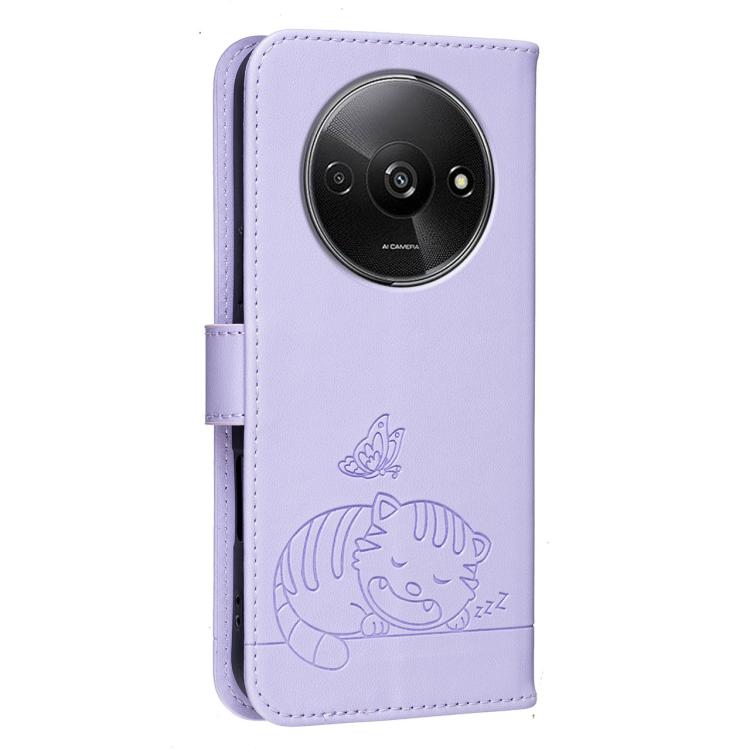 For Redmi A3 Cat Butterfly Embossed RFID Vegan Leather Phone Case with Strap