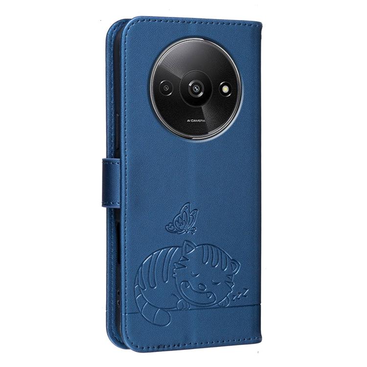 For Redmi A3 Cat Butterfly Embossed RFID Vegan Leather Phone Case with Strap