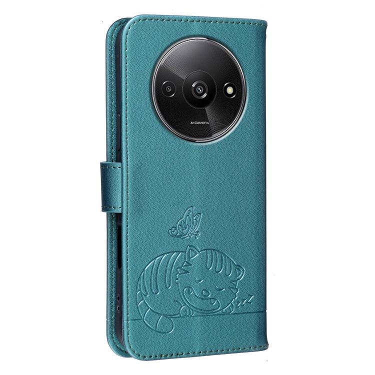 For Redmi A3 Cat Butterfly Embossed RFID Vegan Leather Phone Case with Strap