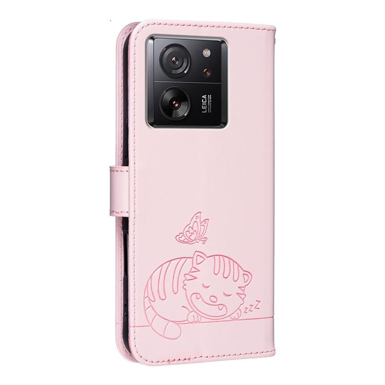 For Redmi K60 Ultra Cat Butterfly Embossed RFID Vegan Leather Phone Case with Strap