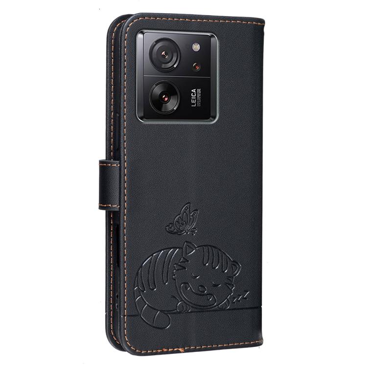 For Redmi K60 Ultra Cat Butterfly Embossed RFID Vegan Leather Phone Case with Strap