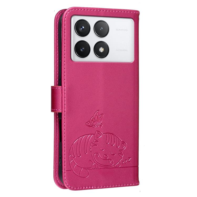 For Redmi K70 Cat Butterfly Embossed RFID Vegan Leather Phone Case with Strap