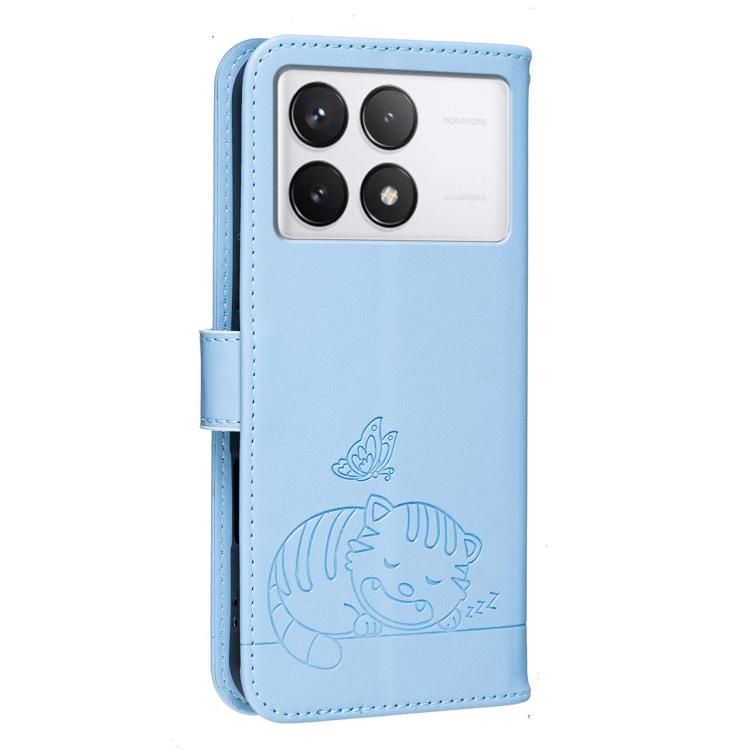 For Redmi K70 Cat Butterfly Embossed RFID Vegan Leather Phone Case with Strap