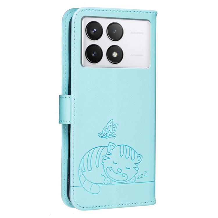 For Redmi K70 Cat Butterfly Embossed RFID Vegan Leather Phone Case with Strap