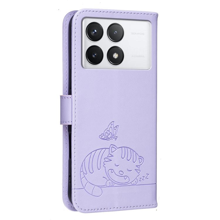 For Redmi K70 Cat Butterfly Embossed RFID Vegan Leather Phone Case with Strap