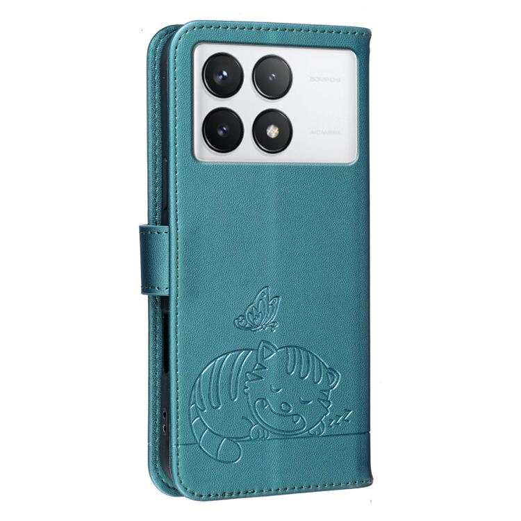 For Redmi K70 Cat Butterfly Embossed RFID Vegan Leather Phone Case with Strap