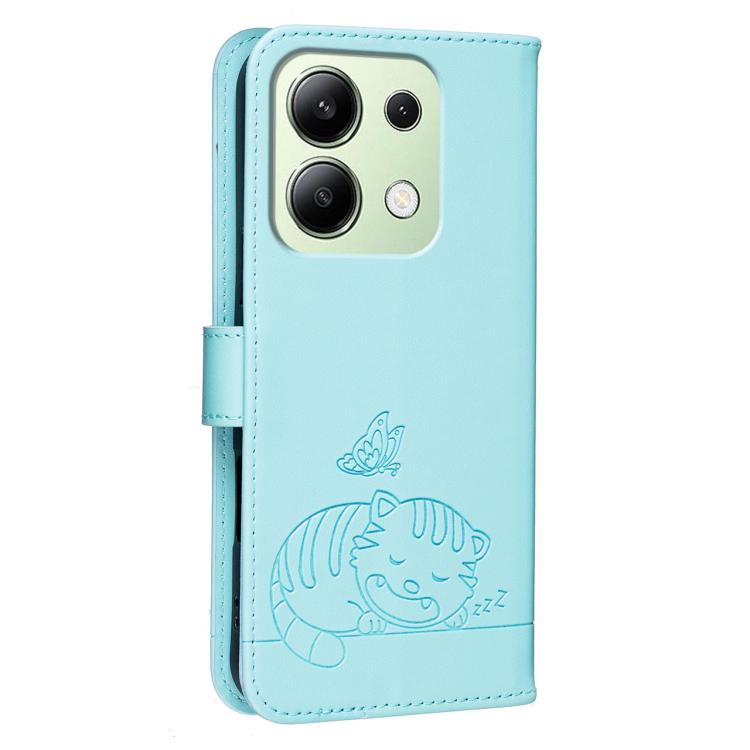 For Redmi K70E Cat Butterfly Embossed RFID Vegan Leather Phone Case with Strap