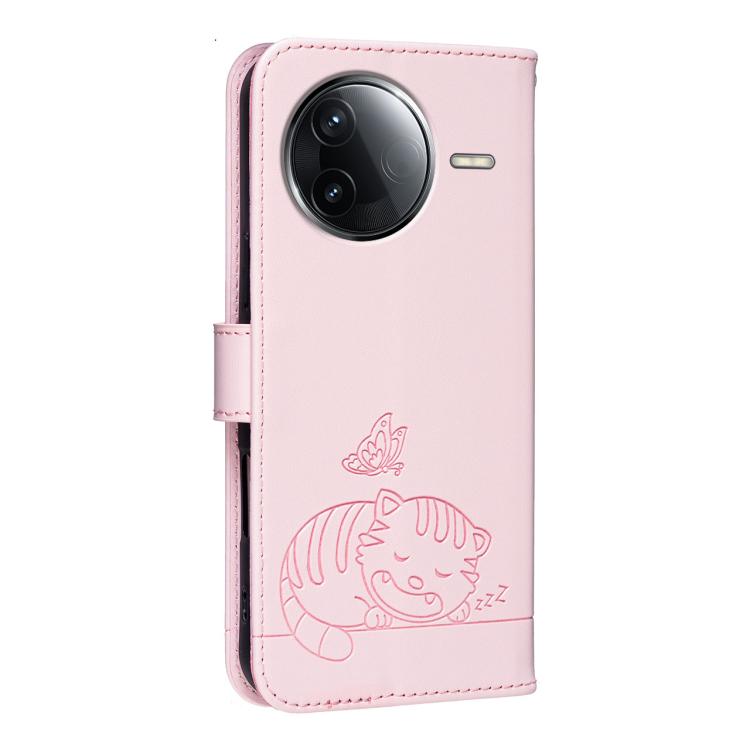 For Redmi K80 Cat Butterfly Embossed RFID Vegan Leather Phone Case with Strap
