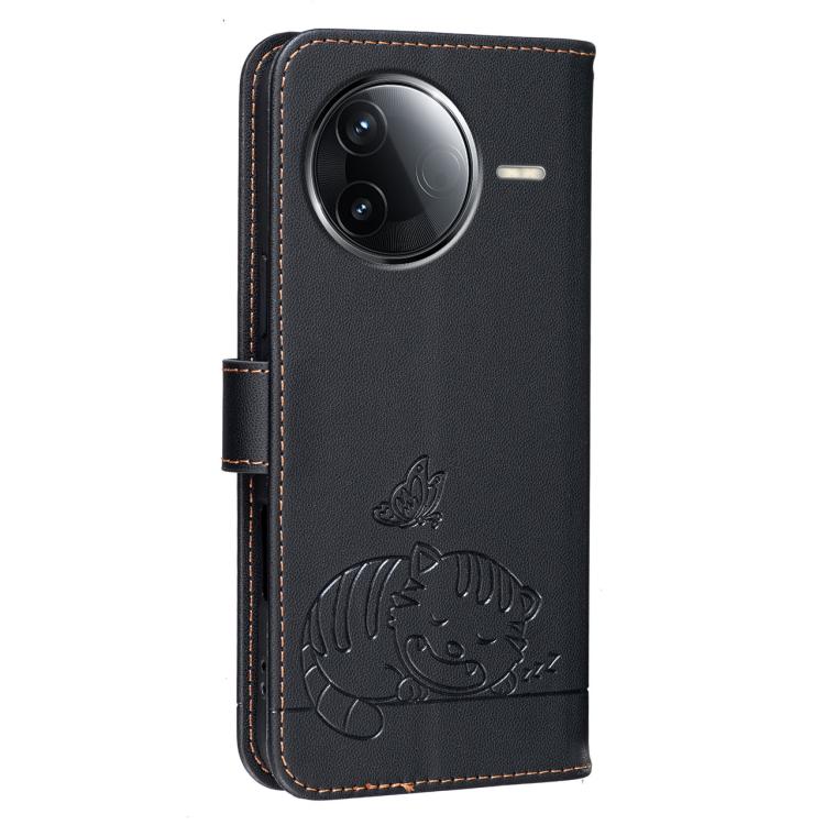 For Redmi K80 Cat Butterfly Embossed RFID Vegan Leather Phone Case with Strap