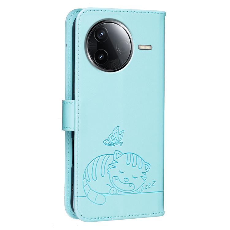 For Redmi K80 Cat Butterfly Embossed RFID Vegan Leather Phone Case with Strap