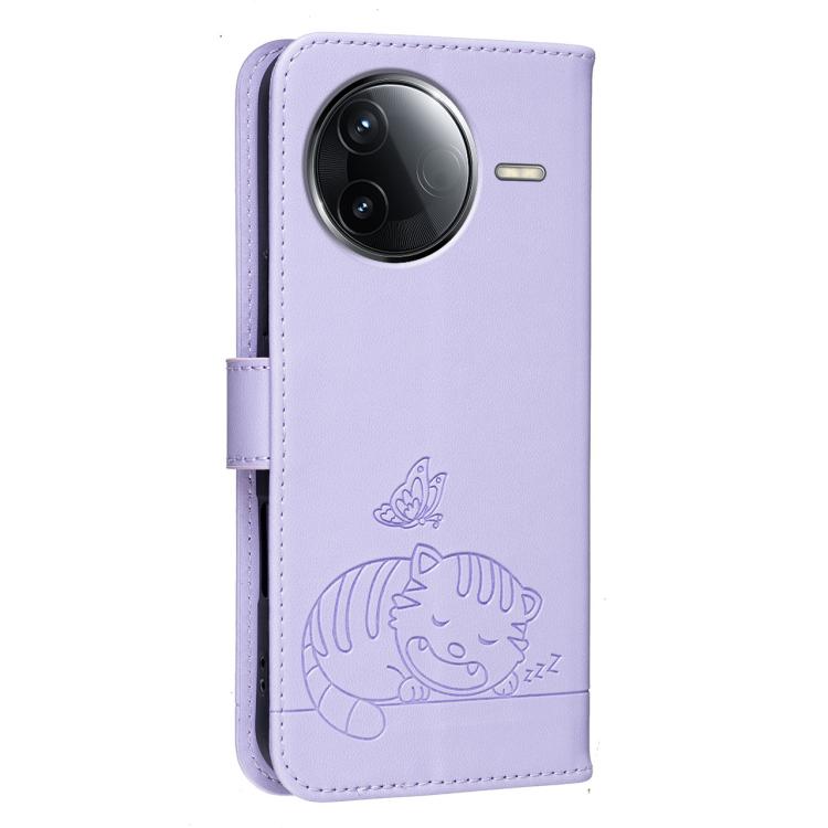 For Redmi K80 Cat Butterfly Embossed RFID Vegan Leather Phone Case with Strap