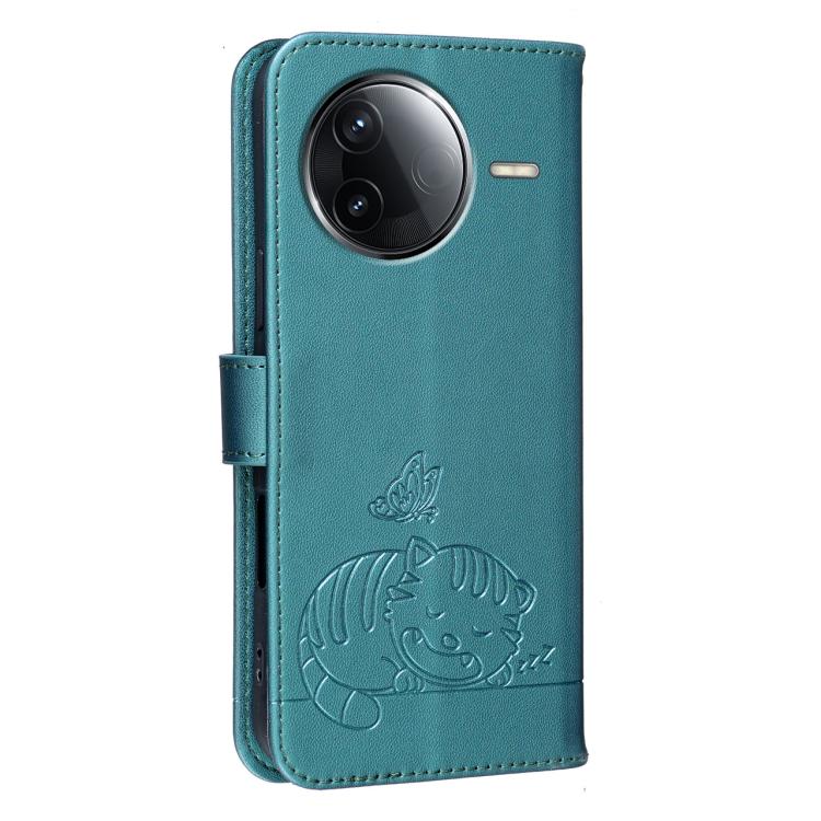 For Redmi K80 Cat Butterfly Embossed RFID Vegan Leather Phone Case with Strap