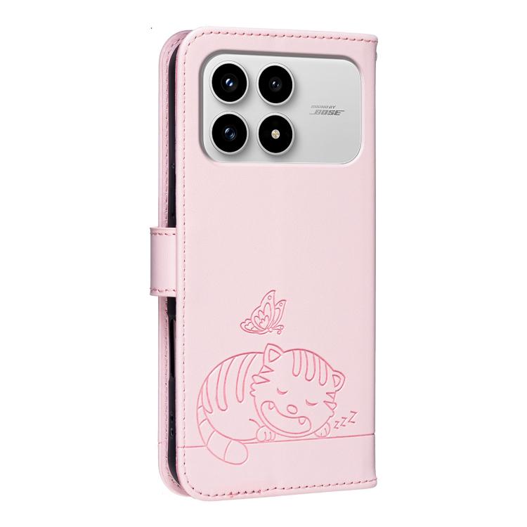 For Redmi K90 / Poco F8 Pro Cat Butterfly Embossed RFID Vegan Leather Phone Case with Strap