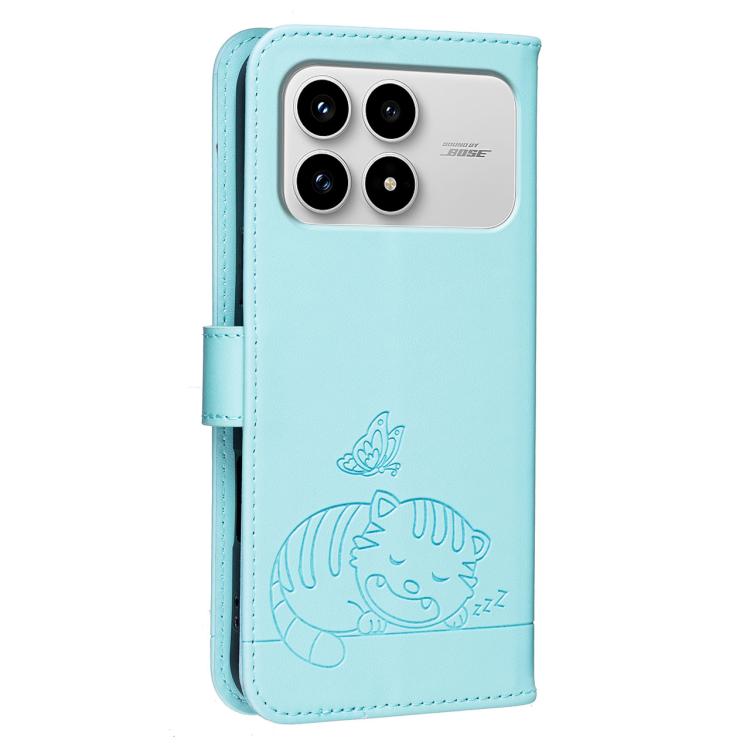 For Redmi K90 / Poco F8 Pro Cat Butterfly Embossed RFID Vegan Leather Phone Case with Strap