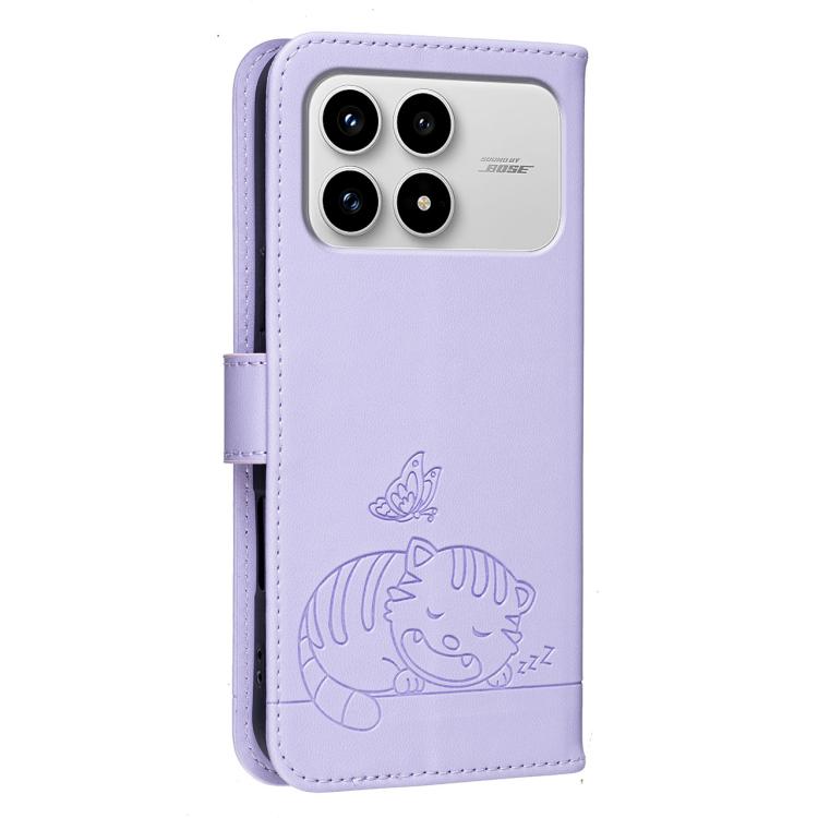 For Redmi K90 / Poco F8 Pro Cat Butterfly Embossed RFID Vegan Leather Phone Case with Strap