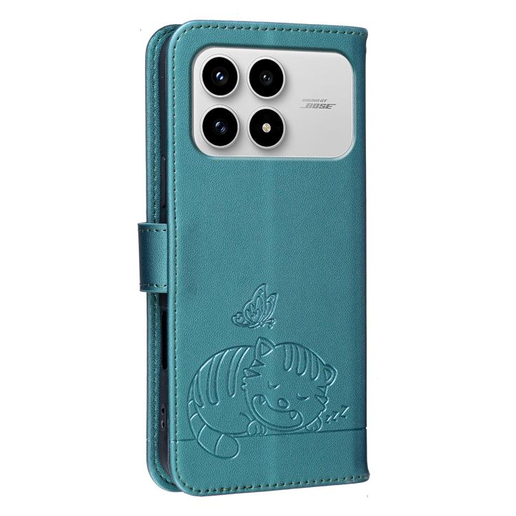 For Redmi K90 / Poco F8 Pro Cat Butterfly Embossed RFID Vegan Leather Phone Case with Strap