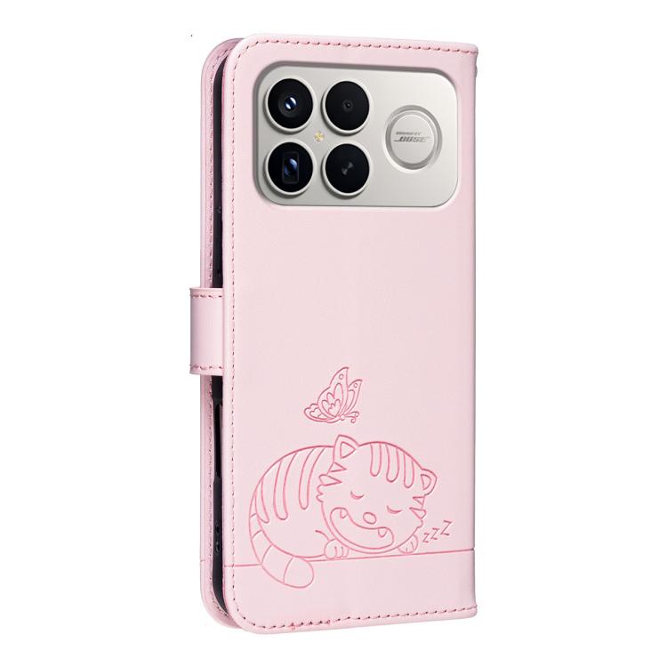 For Redmi K90 ProMax / Poco F8 Ultra Cat Butterfly Embossed RFID Vegan Leather Phone Case with Strap