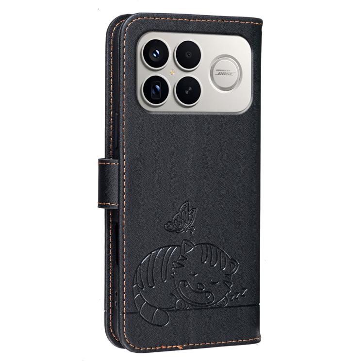 For Redmi K90 ProMax / Poco F8 Ultra Cat Butterfly Embossed RFID Vegan Leather Phone Case with Strap