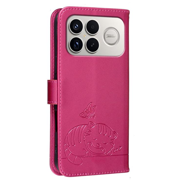For Redmi K90 ProMax / Poco F8 Ultra Cat Butterfly Embossed RFID Vegan Leather Phone Case with Strap