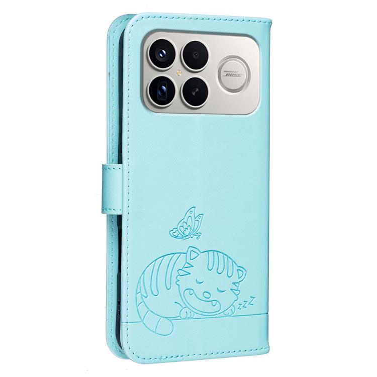 For Redmi K90 ProMax / Poco F8 Ultra Cat Butterfly Embossed RFID Vegan Leather Phone Case with Strap