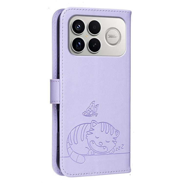 For Redmi K90 ProMax / Poco F8 Ultra Cat Butterfly Embossed RFID Vegan Leather Phone Case with Strap