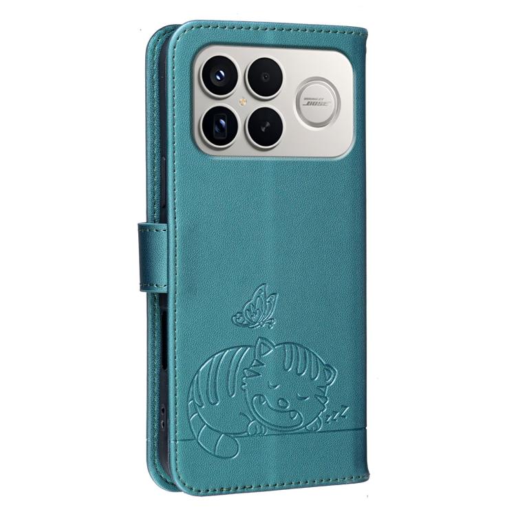 For Redmi K90 ProMax / Poco F8 Ultra Cat Butterfly Embossed RFID Vegan Leather Phone Case with Strap