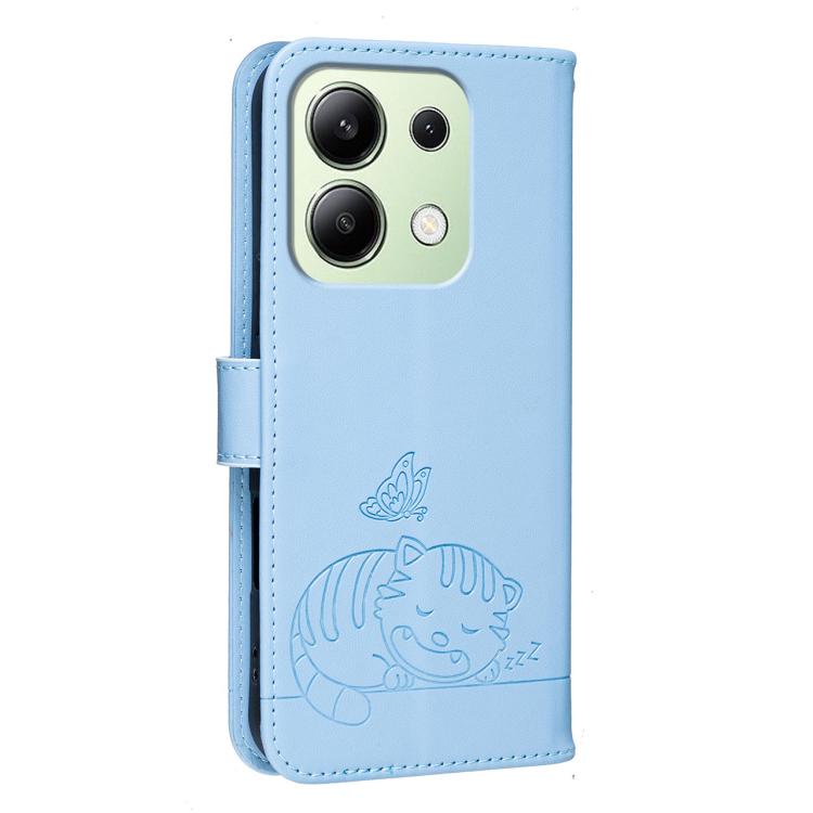 For Redmi Note 13 4G Cat Butterfly Embossed RFID Vegan Leather Phone Case with Strap