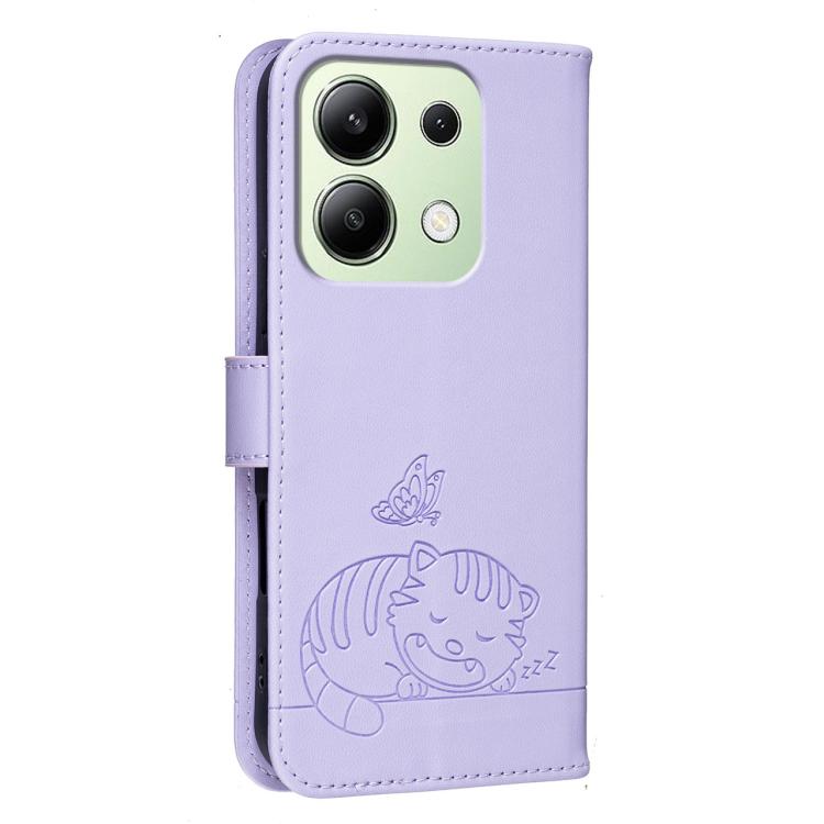 For Redmi Note 13 4G Cat Butterfly Embossed RFID Vegan Leather Phone Case with Strap