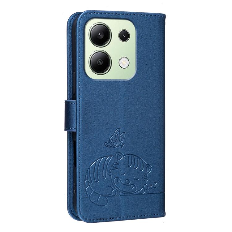 For Redmi Note 13 4G Cat Butterfly Embossed RFID Vegan Leather Phone Case with Strap