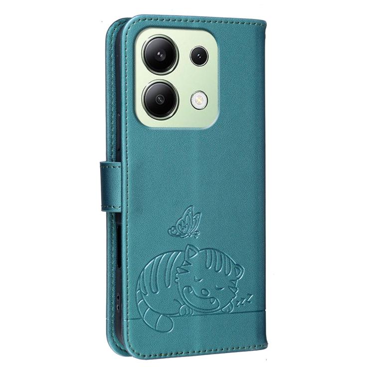 For Redmi Note 13 4G Cat Butterfly Embossed RFID Vegan Leather Phone Case with Strap