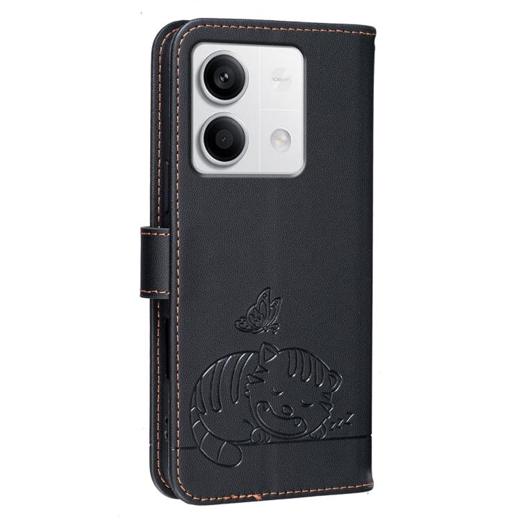 For Redmi Note 13 Cat Butterfly Embossed RFID Vegan Leather Phone Case with Strap