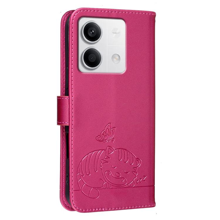 For Redmi Note 13 Cat Butterfly Embossed RFID Vegan Leather Phone Case with Strap