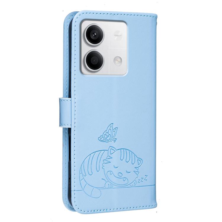 For Redmi Note 13 Cat Butterfly Embossed RFID Vegan Leather Phone Case with Strap