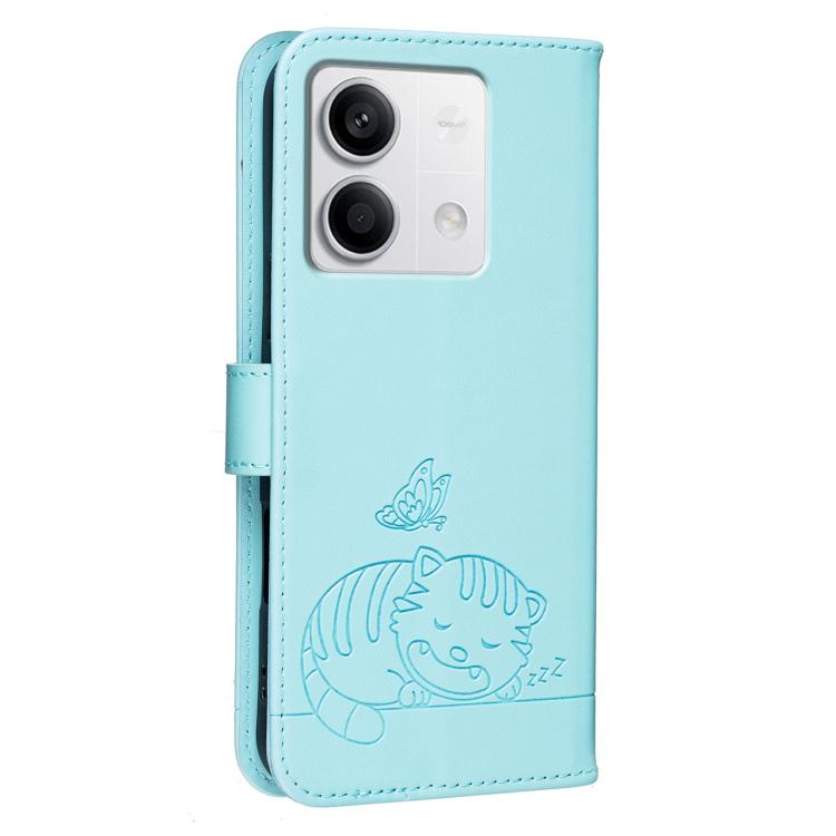 For Redmi Note 13 Cat Butterfly Embossed RFID Vegan Leather Phone Case with Strap