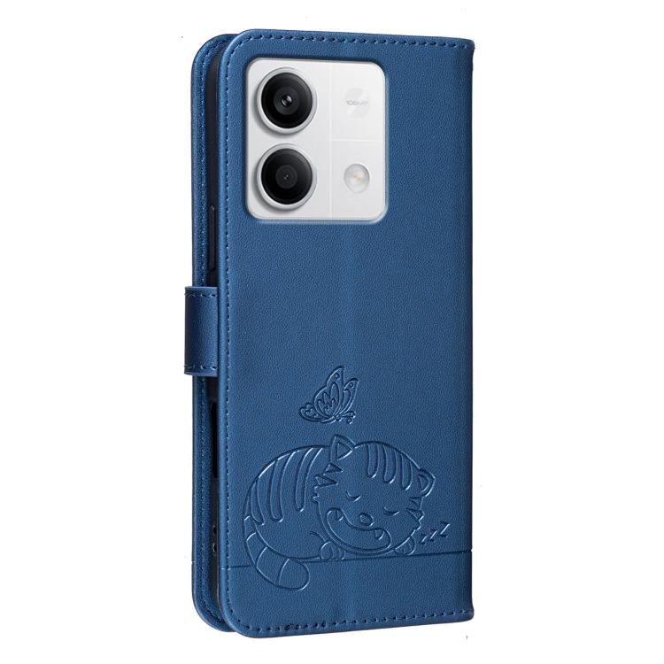 For Redmi Note 13 Cat Butterfly Embossed RFID Vegan Leather Phone Case with Strap