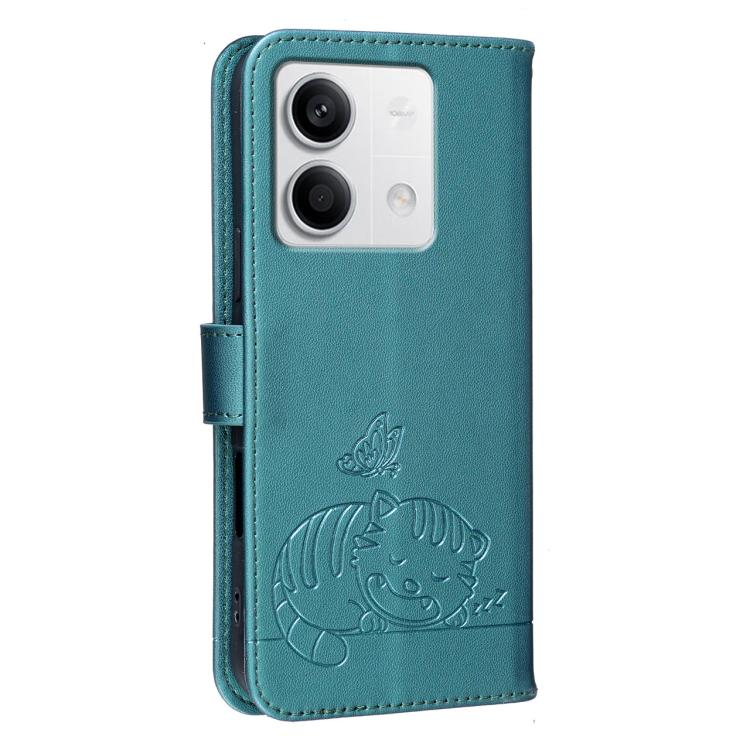 For Redmi Note 13 Cat Butterfly Embossed RFID Vegan Leather Phone Case with Strap