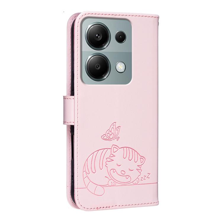 For Redmi Note 13 Pro 4G Cat Butterfly Embossed RFID Vegan Leather Phone Case with Strap