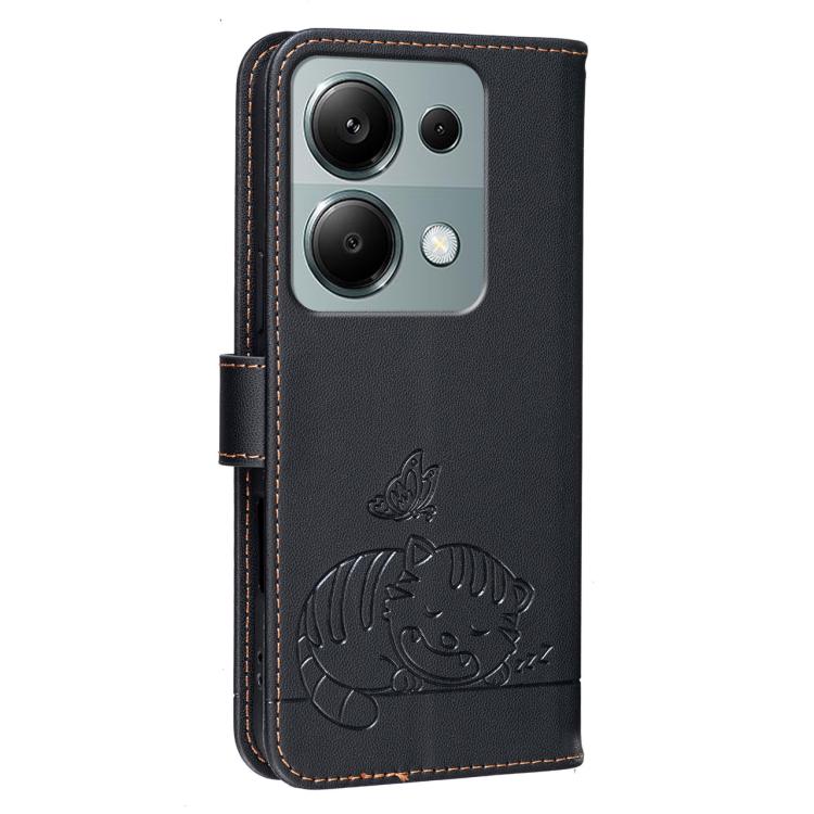 For Redmi Note 13 Pro 4G Cat Butterfly Embossed RFID Vegan Leather Phone Case with Strap