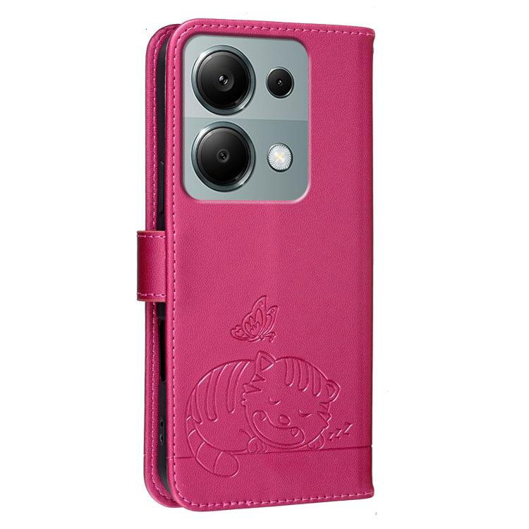 For Redmi Note 13 Pro 4G Cat Butterfly Embossed RFID Vegan Leather Phone Case with Strap