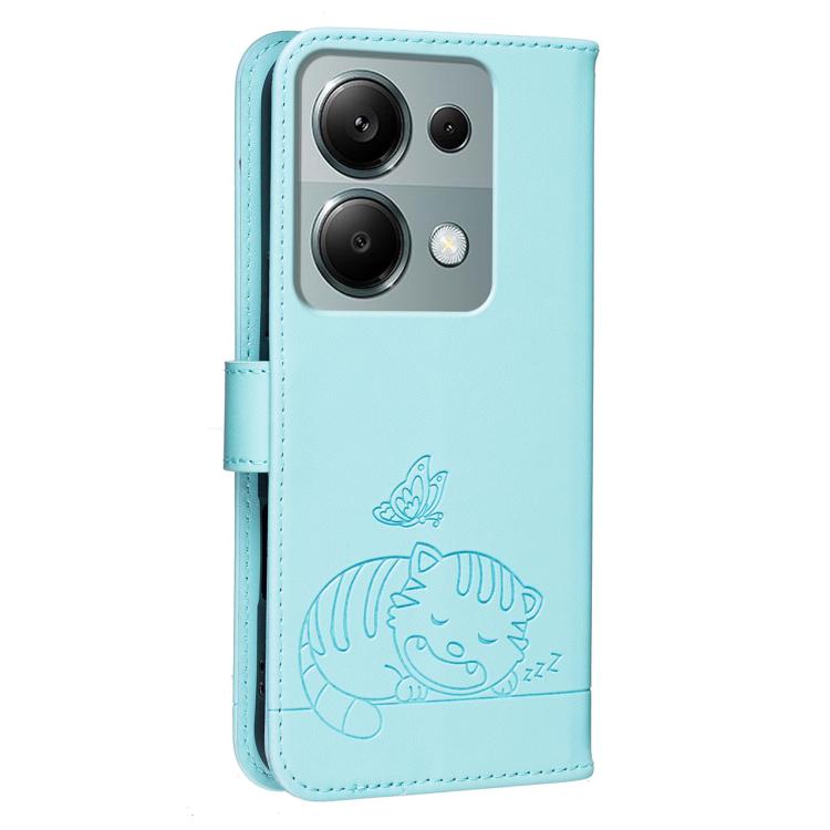 For Redmi Note 13 Pro 4G Cat Butterfly Embossed RFID Vegan Leather Phone Case with Strap